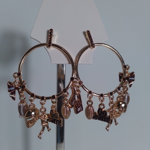 Go Team! Gold Football Charm Hoop Earrings - Picture 3 of 4